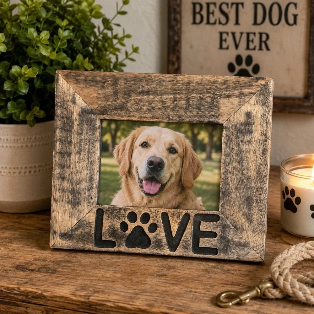 Wood Dog Picture Frame 5x7 LOVE Paw Print Carved Rustic Pet Decor 11.25